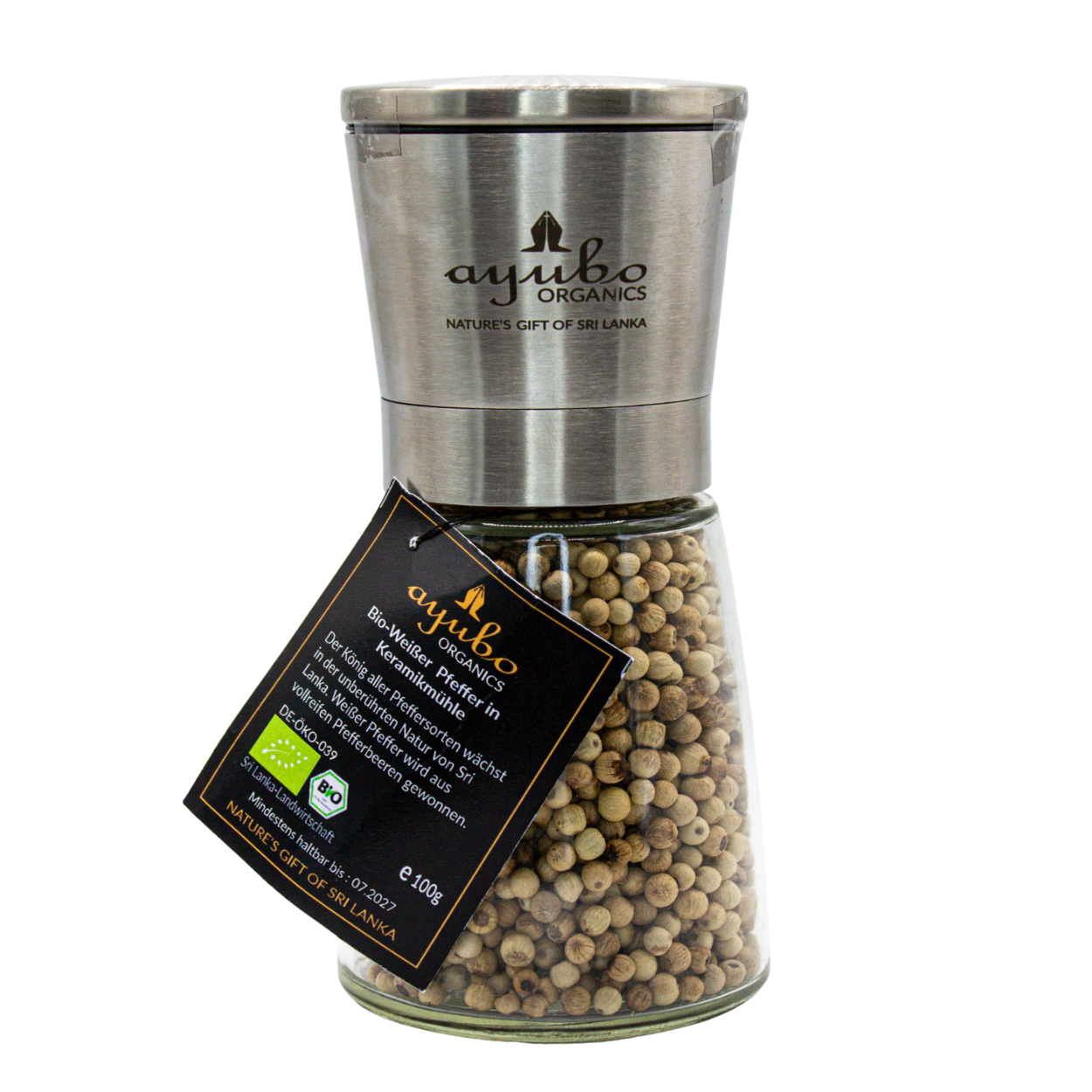 Bio Weißer Pfeffer mit Mühle aus Sri Lanka
