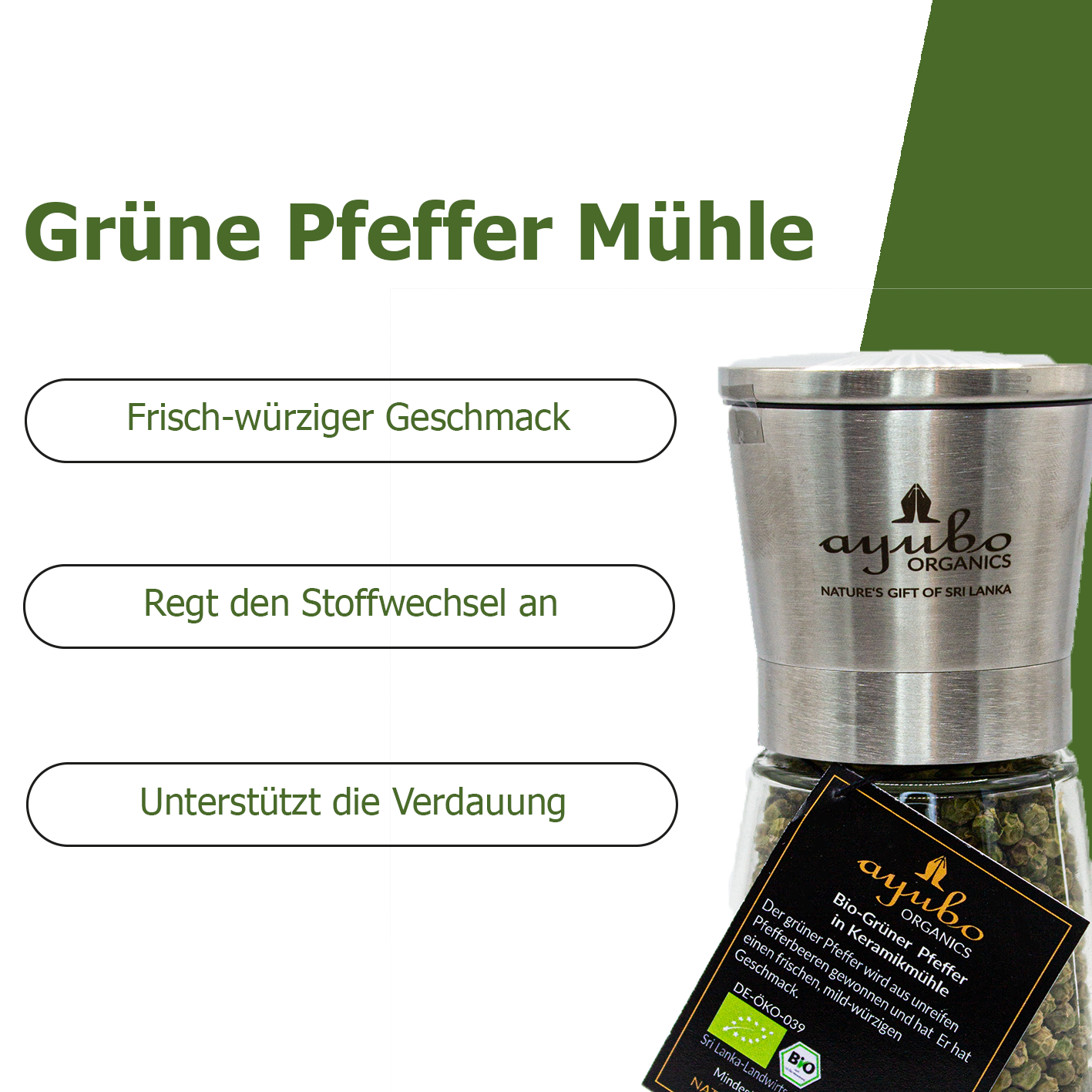 Bio Grüner Pfeffer mit Mühle aus Sri Lanka